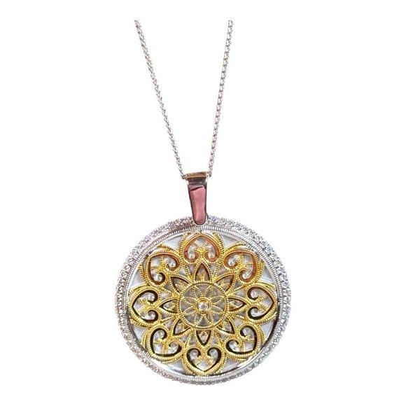 Diamonique Lux Vue CZ Magnifying Glass Pendant Necklace 38" Silver & Gold QVC - Picture 1 of 9
